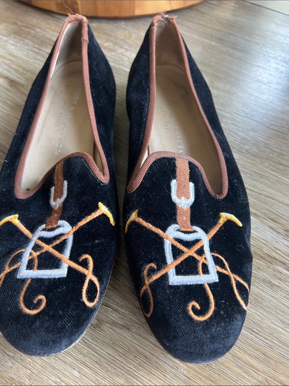 Stubbs & Wootton Black Velvet Embroidered Horsebit Loafers with Brown Trim
